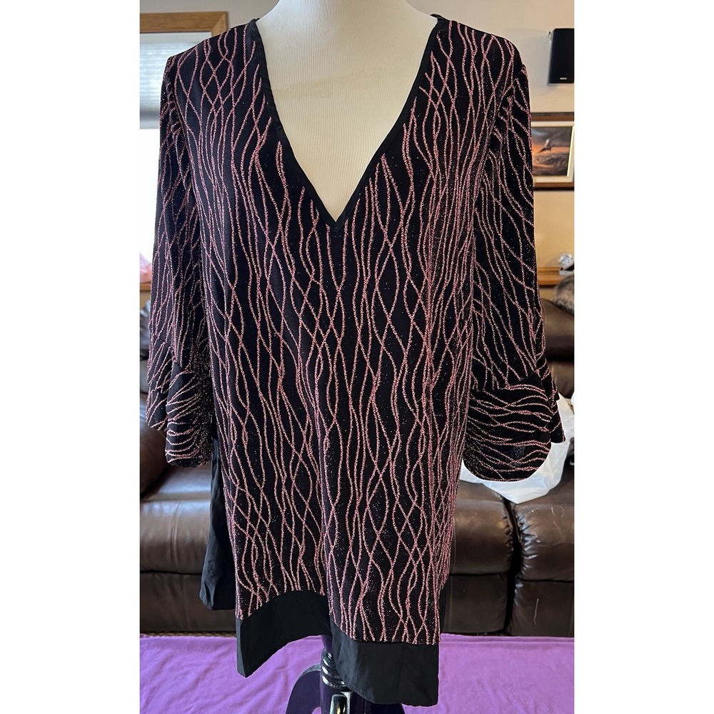 BLOOMCHIC Top Plus Size 18-20 Pink/Black Glitter Blouse‎ Ruffle Sleeve EUC